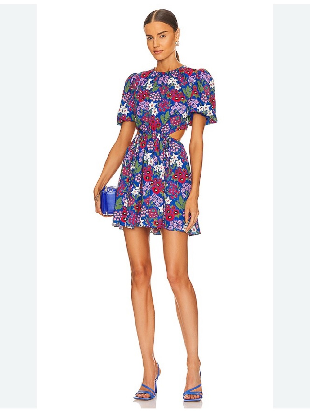 AMUR Blue Floral Cutout Mini Dress with Pink & White Blooms